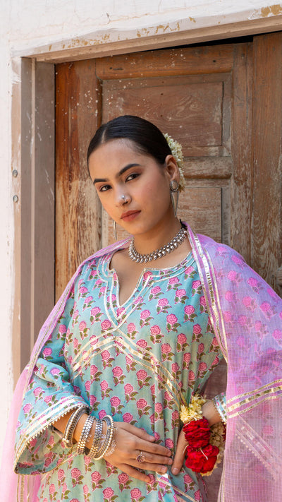 Saundh Pink and Blue hand block printed cotton Salwar set