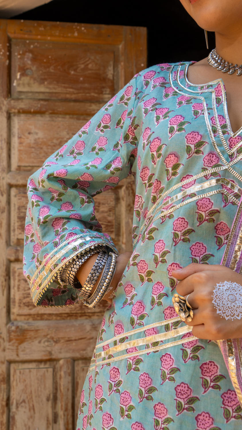 Saundh Pink and Blue hand block printed cotton Salwar set