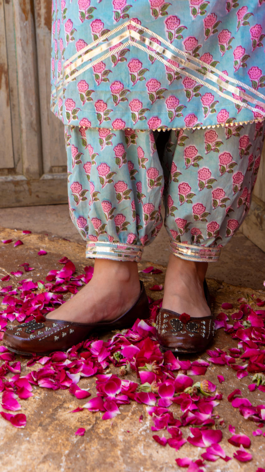 Saundh Pink and Blue hand block printed cotton Salwar set