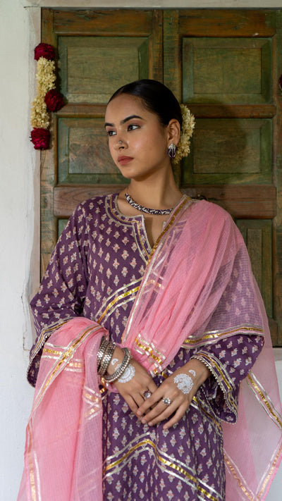 Saundh Purple and Peach hand block printed cotton Salwar set