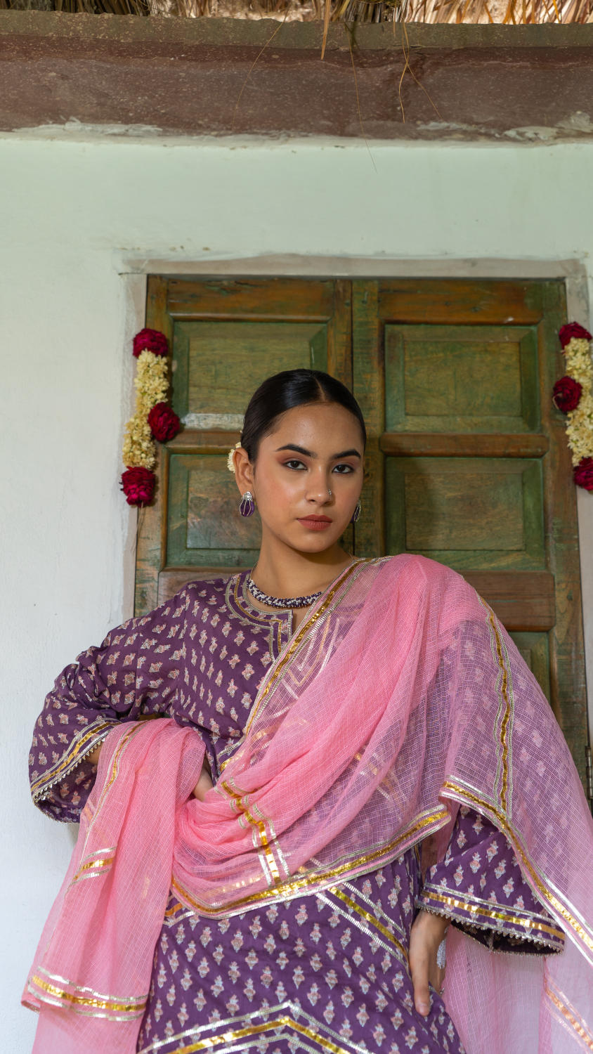 Saundh Purple and Peach hand block printed cotton Salwar set