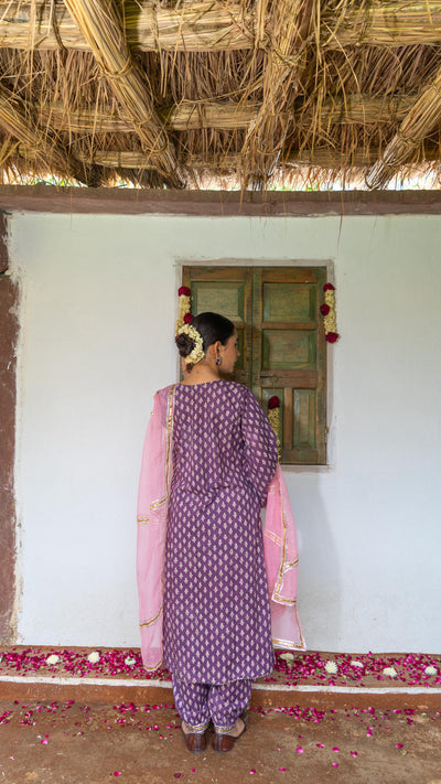 Saundh Purple and Peach hand block printed cotton Salwar set