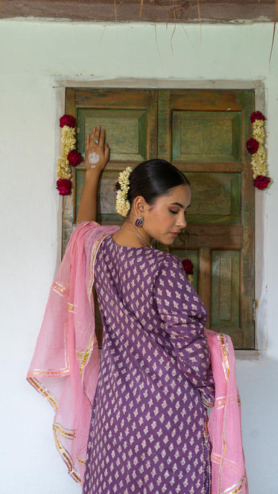 Saundh Purple and Peach hand block printed cotton Salwar set