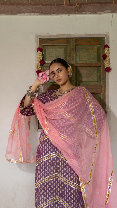 Saundh Purple and Peach hand block printed cotton Salwar set