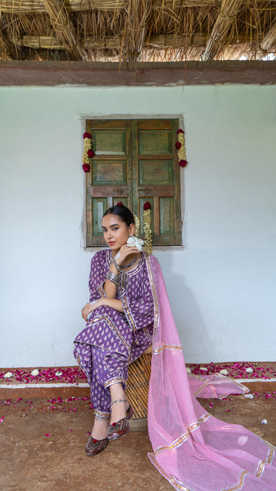 Saundh Purple and Peach hand block printed cotton Salwar set
