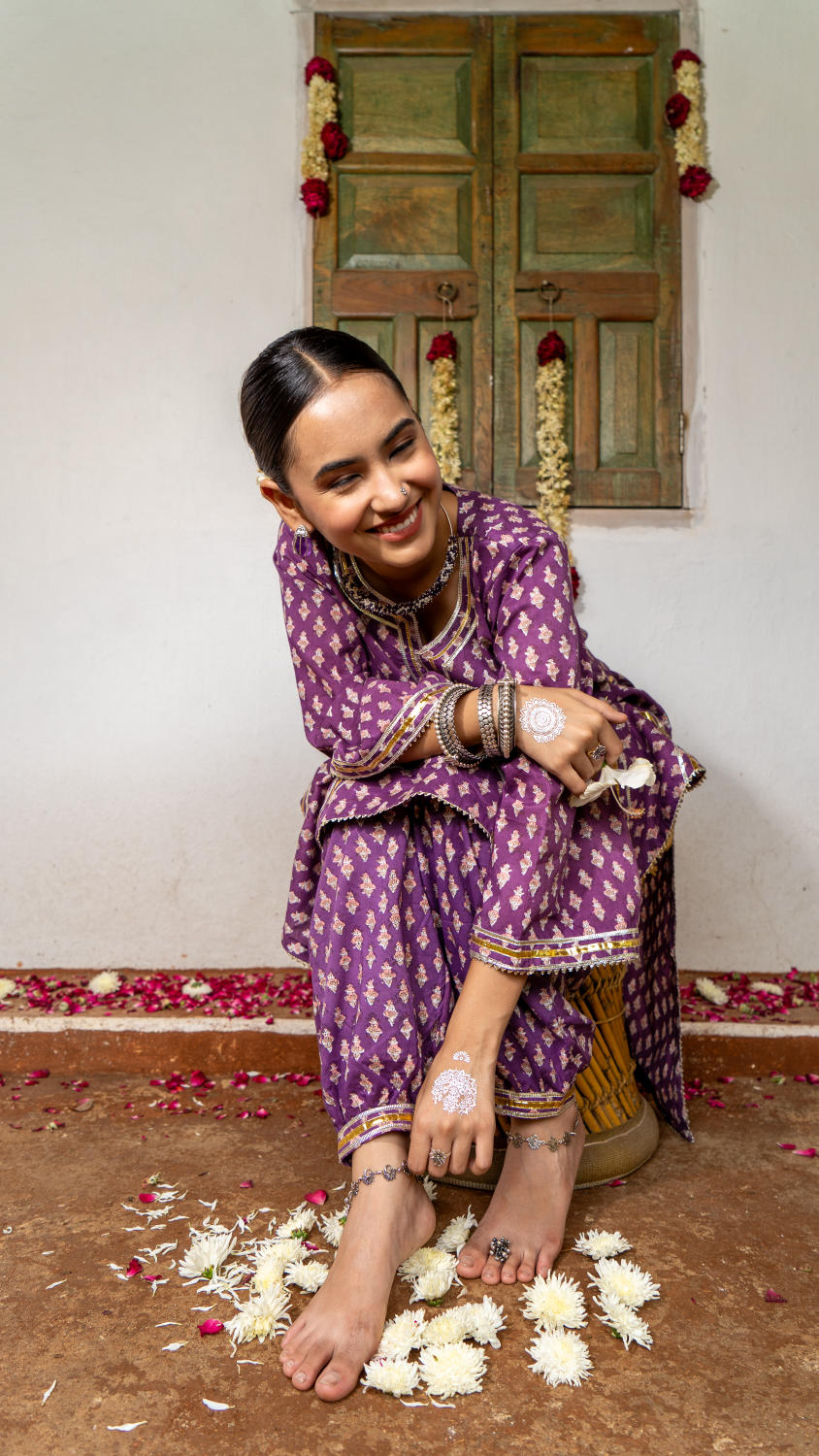 Saundh Purple and Peach hand block printed cotton Salwar set