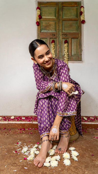 Saundh Purple and Peach hand block printed cotton Salwar set
