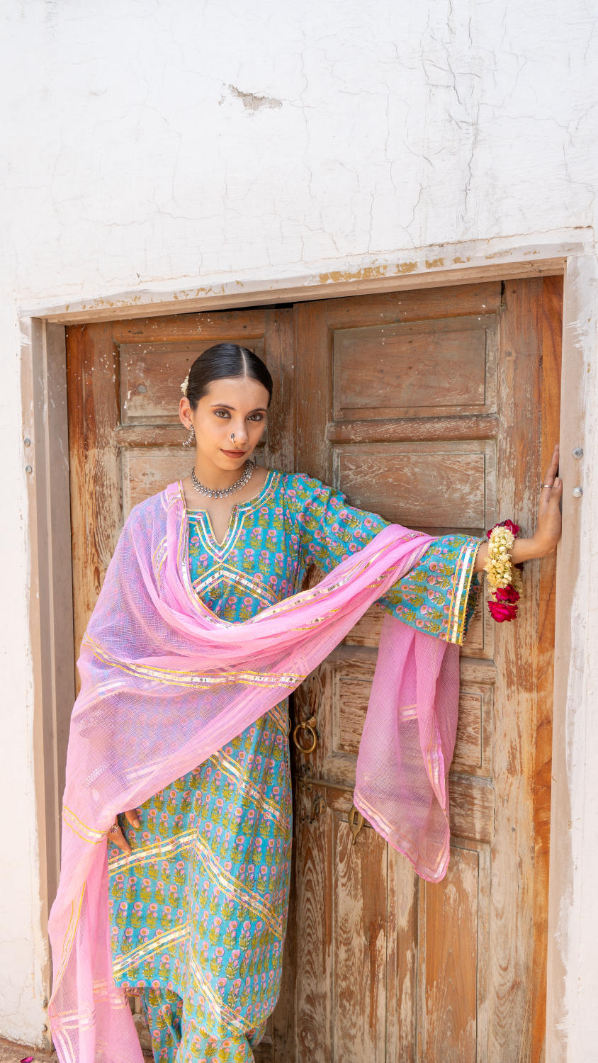 Saundh Sea Green and Pinm hand block printed cotton Salwar set