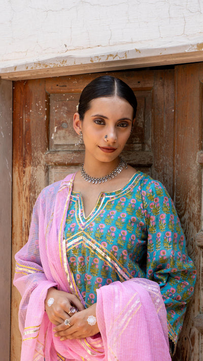 Saundh Sea Green and Pinm hand block printed cotton Salwar set