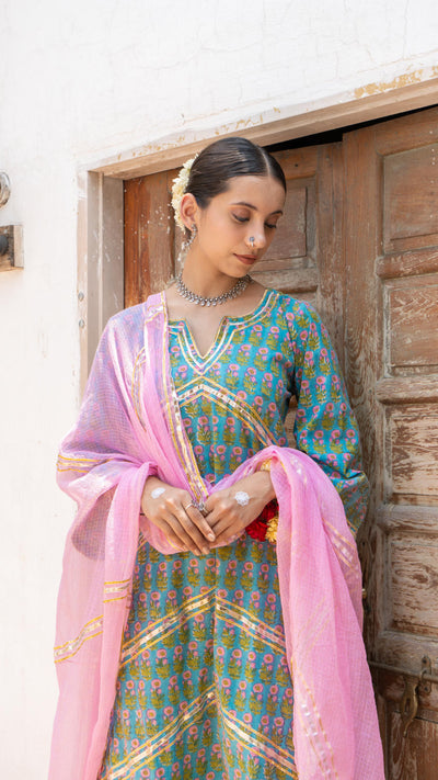 Saundh Sea Green and Pinm hand block printed cotton Salwar set