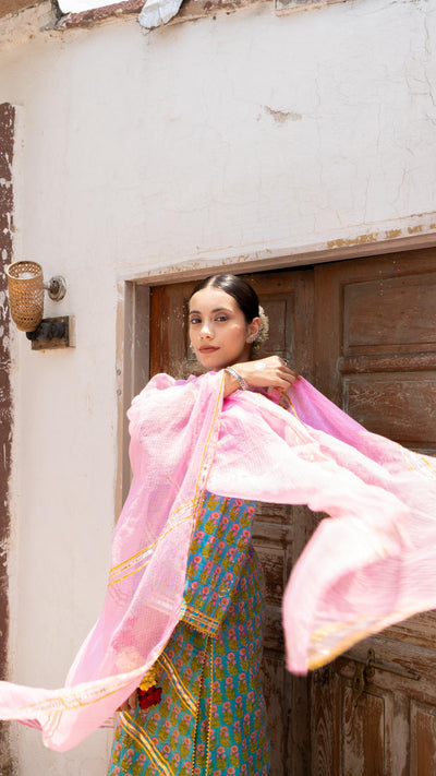 Saundh Sea Green and Pinm hand block printed cotton Salwar set