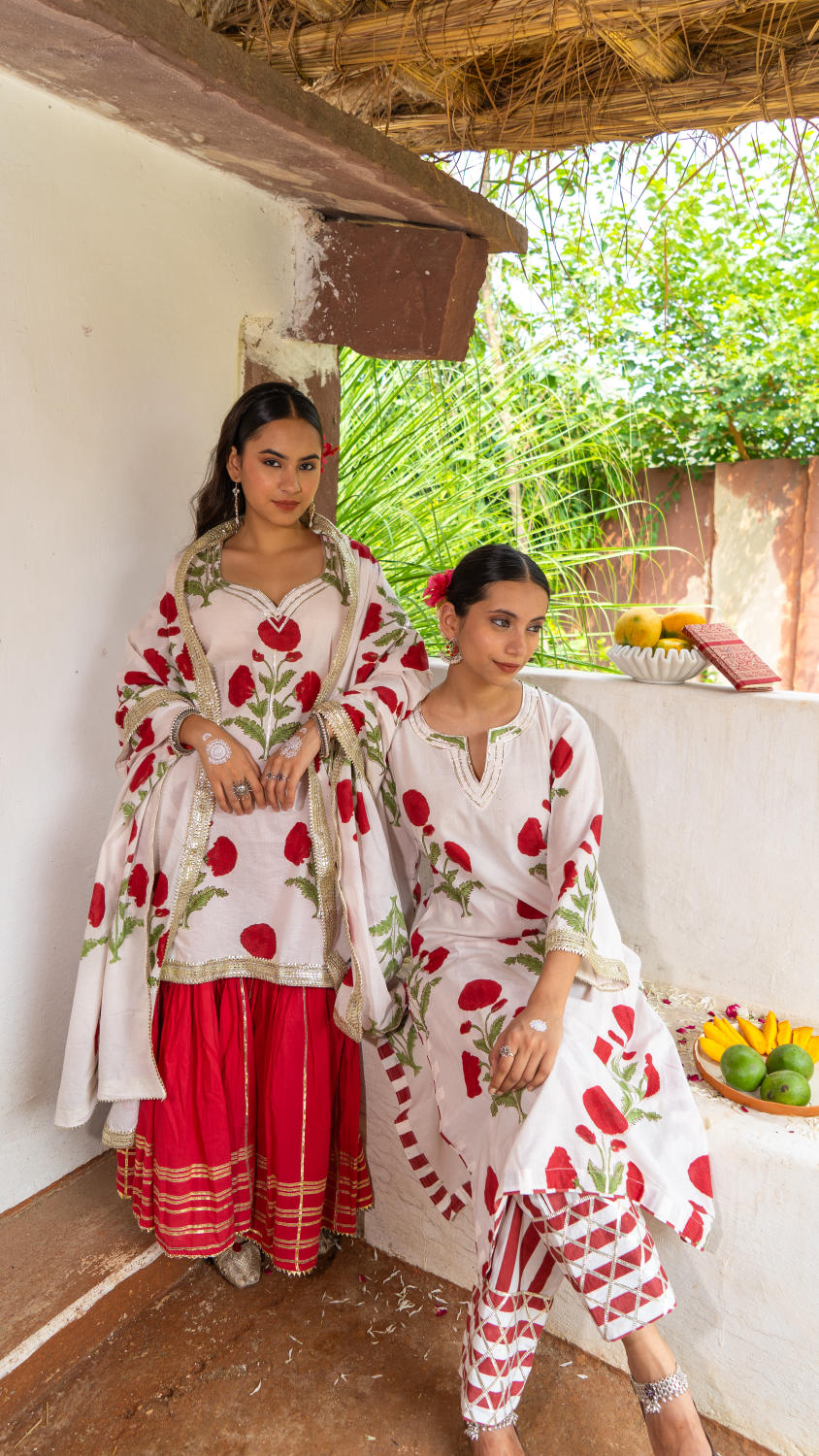 Saundh Red and White hand block printed mughal boota salwar set