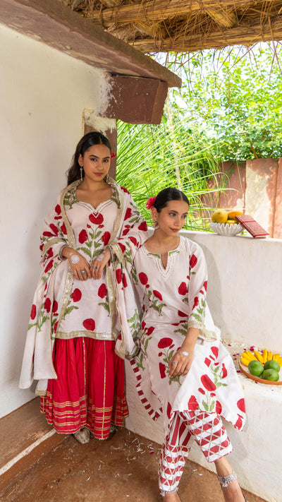 Saundh Red and White hand block printed mughal boota salwar set