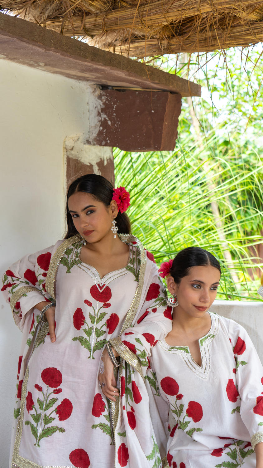 Saundh Red and White hand block printed mughal boota salwar set
