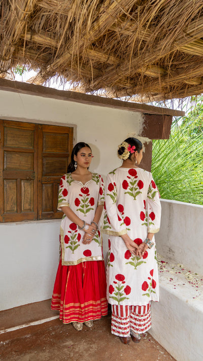 Saundh Red and White hand block printed mughal boota salwar set