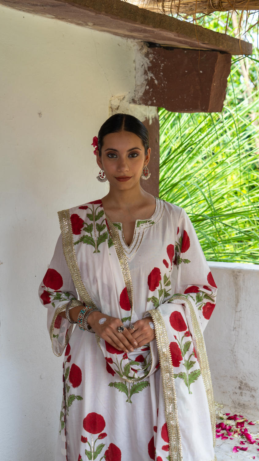 Saundh Red and White hand block printed mughal boota salwar set