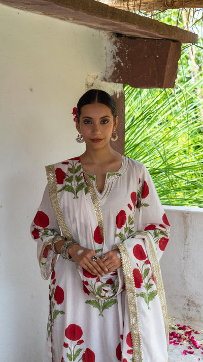 Saundh Red and White hand block printed mughal boota salwar set