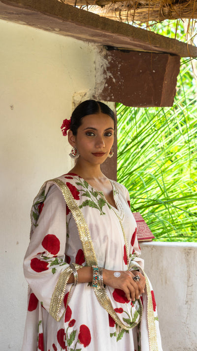 Saundh Red and White hand block printed mughal boota salwar set