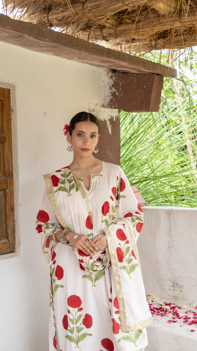 Saundh Red and White hand block printed mughal boota salwar set
