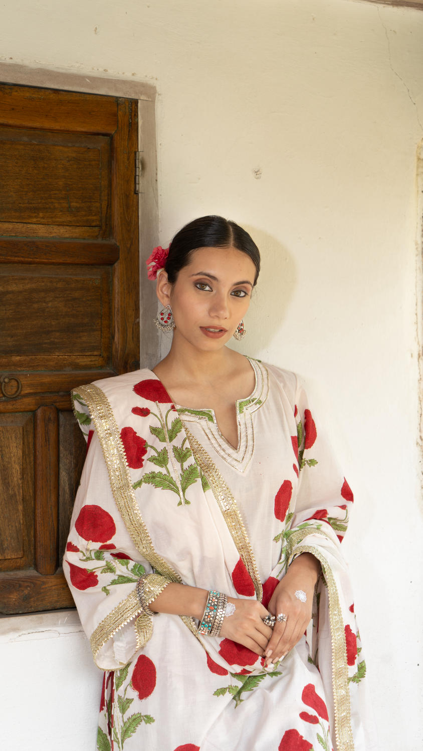 Saundh Red and White hand block printed mughal boota salwar set