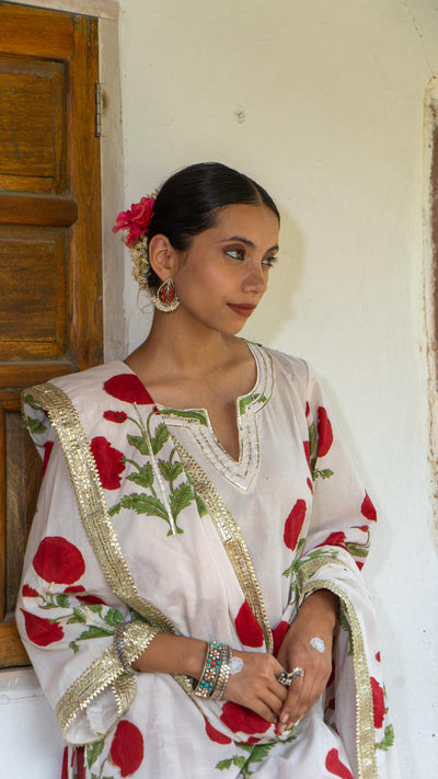 Saundh Red and White hand block printed mughal boota salwar set