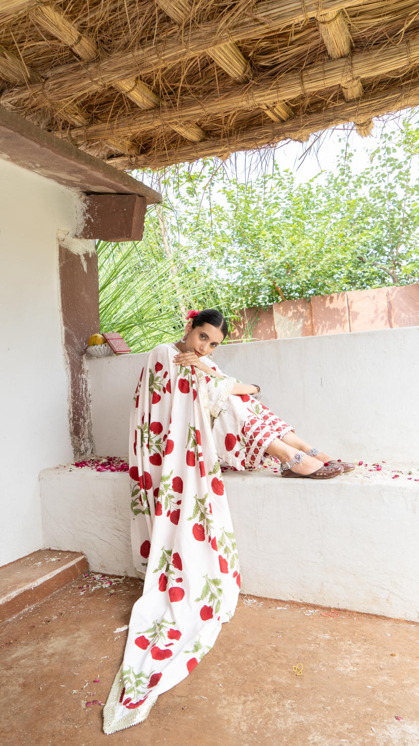 Saundh Red and White hand block printed mughal boota salwar set