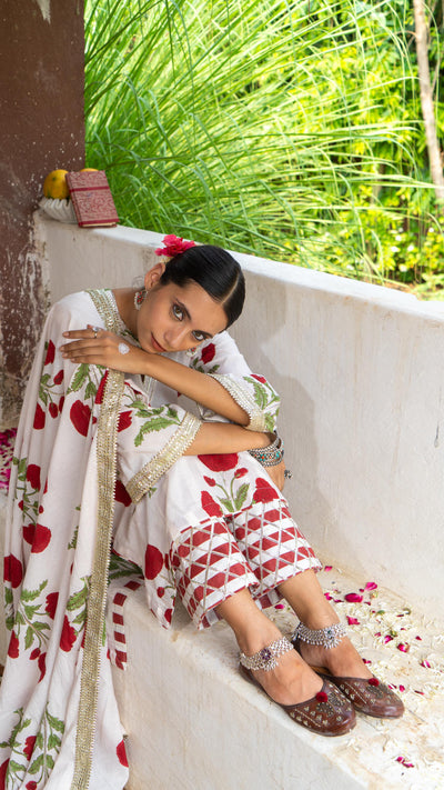 Saundh Red and White hand block printed mughal boota salwar set