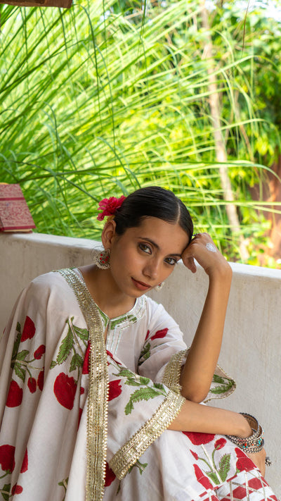 Saundh Red and White hand block printed mughal boota salwar set