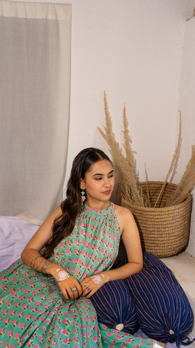 Saundh Pink and Blue Cotton hand block printed floral ghera dress