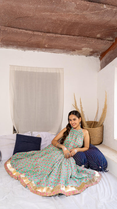 Saundh Pink and Blue Cotton hand block printed floral ghera dress