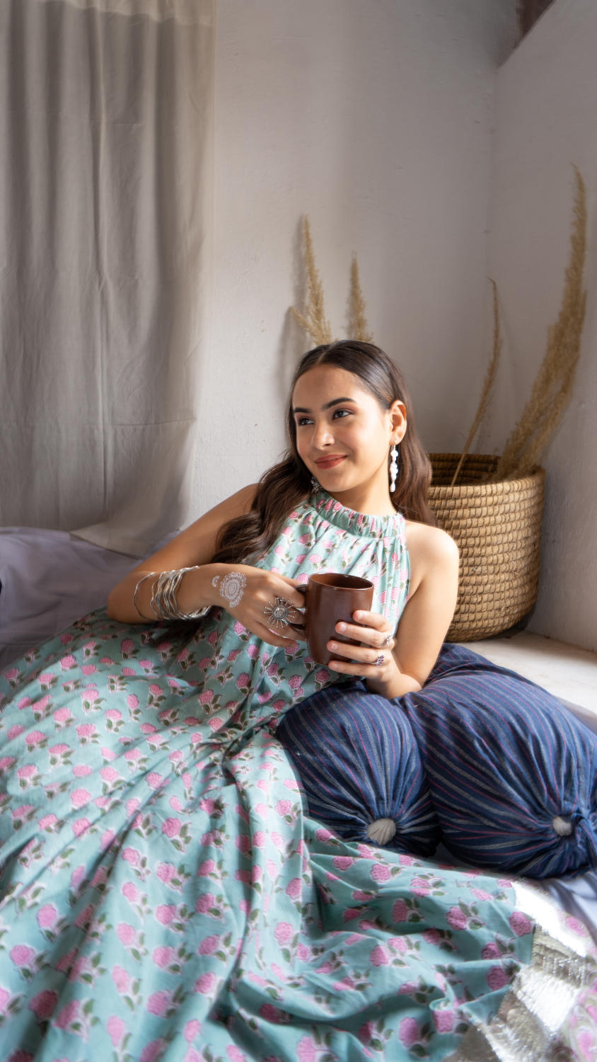 Saundh Pink and Blue Cotton hand block printed floral ghera dress