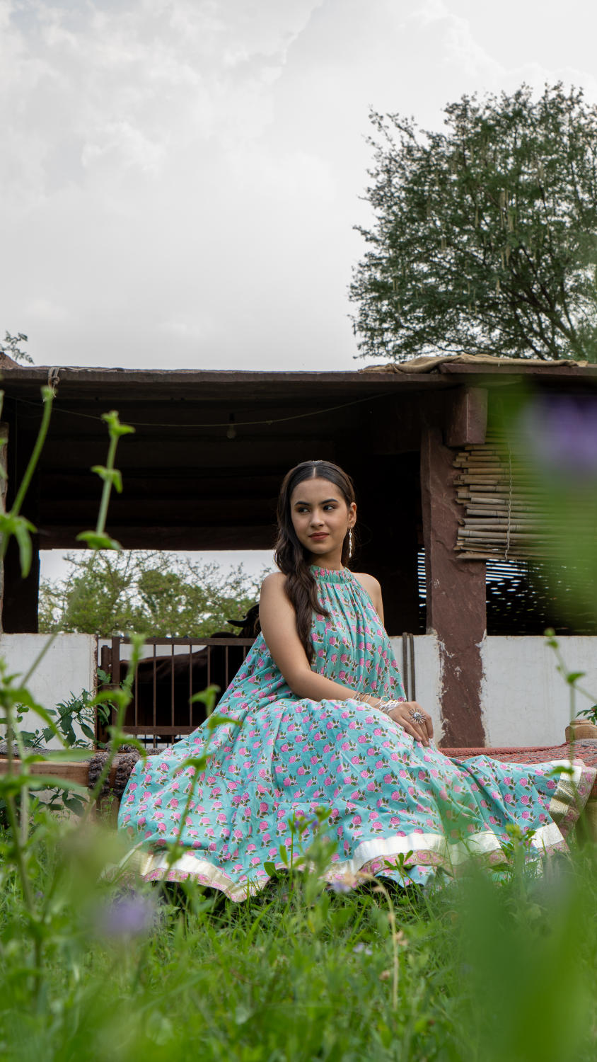 Saundh Pink and Blue Cotton hand block printed floral ghera dress