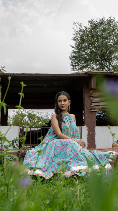 Saundh Pink and Blue Cotton hand block printed floral ghera dress