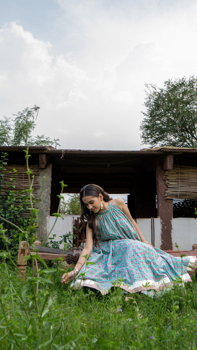Saundh Pink and Blue Cotton hand block printed floral ghera dress