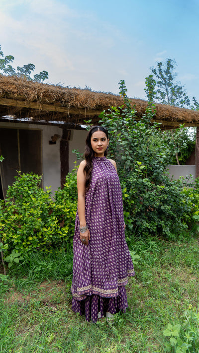 Saundh Purple and Peach Cotton block printed floral ghera dress