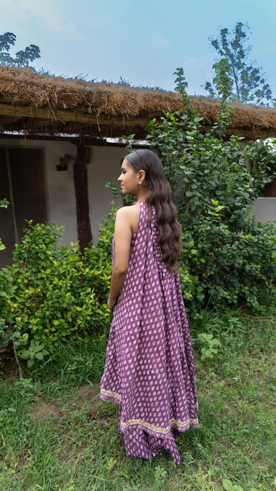 Saundh Purple and Peach Cotton block printed floral ghera dress