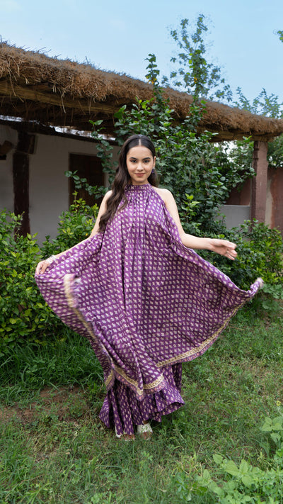Saundh Purple and Peach Cotton block printed floral ghera dress
