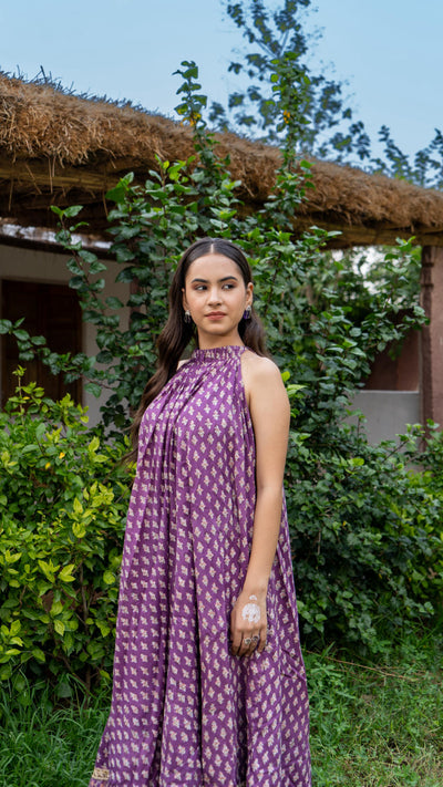 Saundh Purple and Peach Cotton block printed floral ghera dress