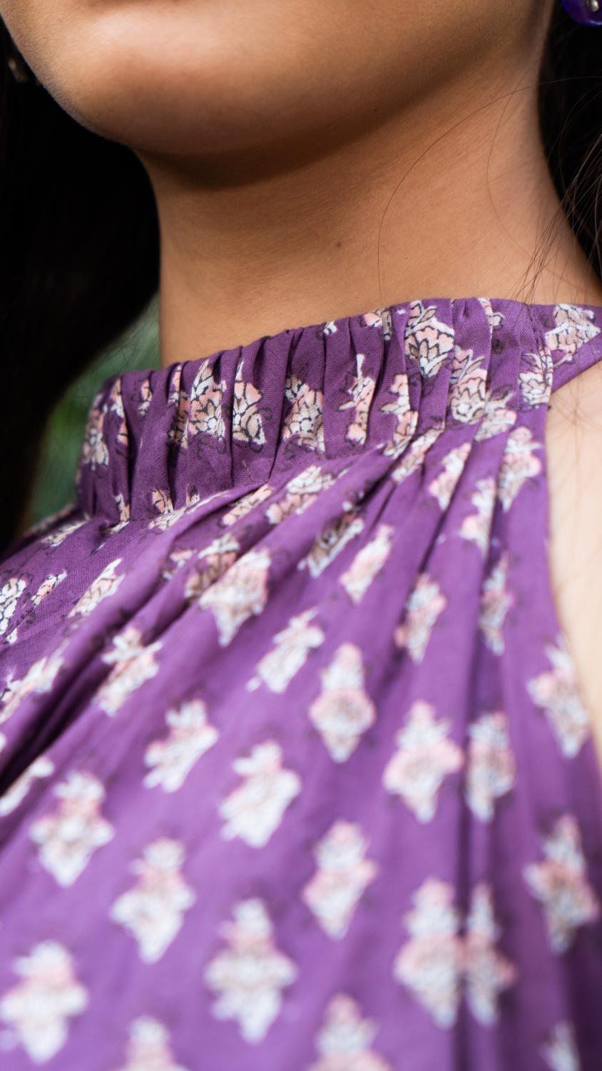 Saundh Purple and Peach Cotton block printed floral ghera dress
