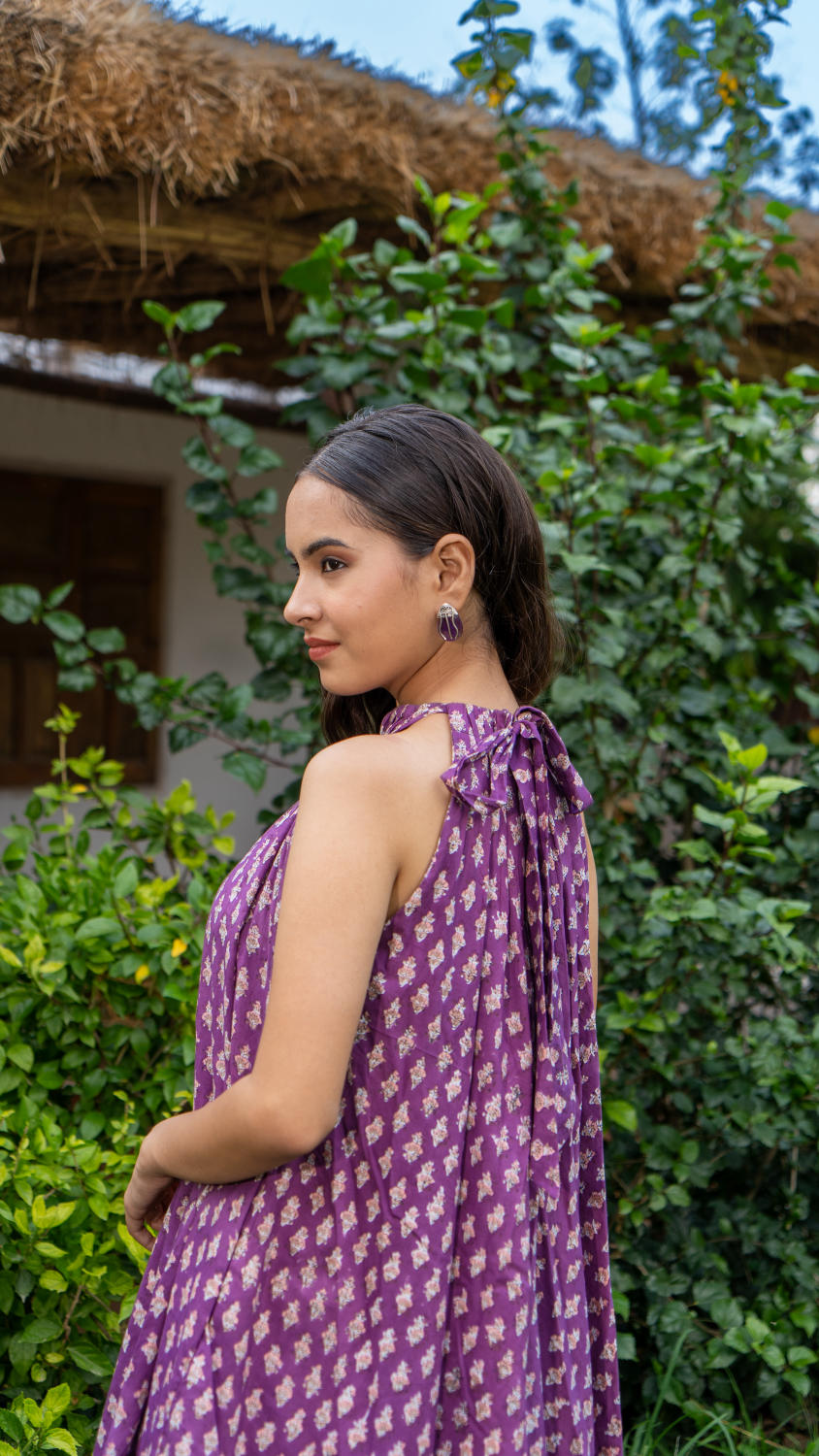 Saundh Purple and Peach Cotton block printed floral ghera dress