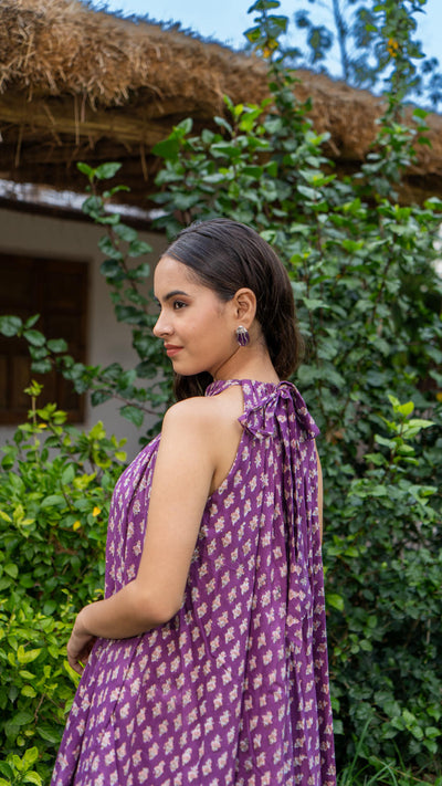 Saundh Purple and Peach Cotton block printed floral ghera dress
