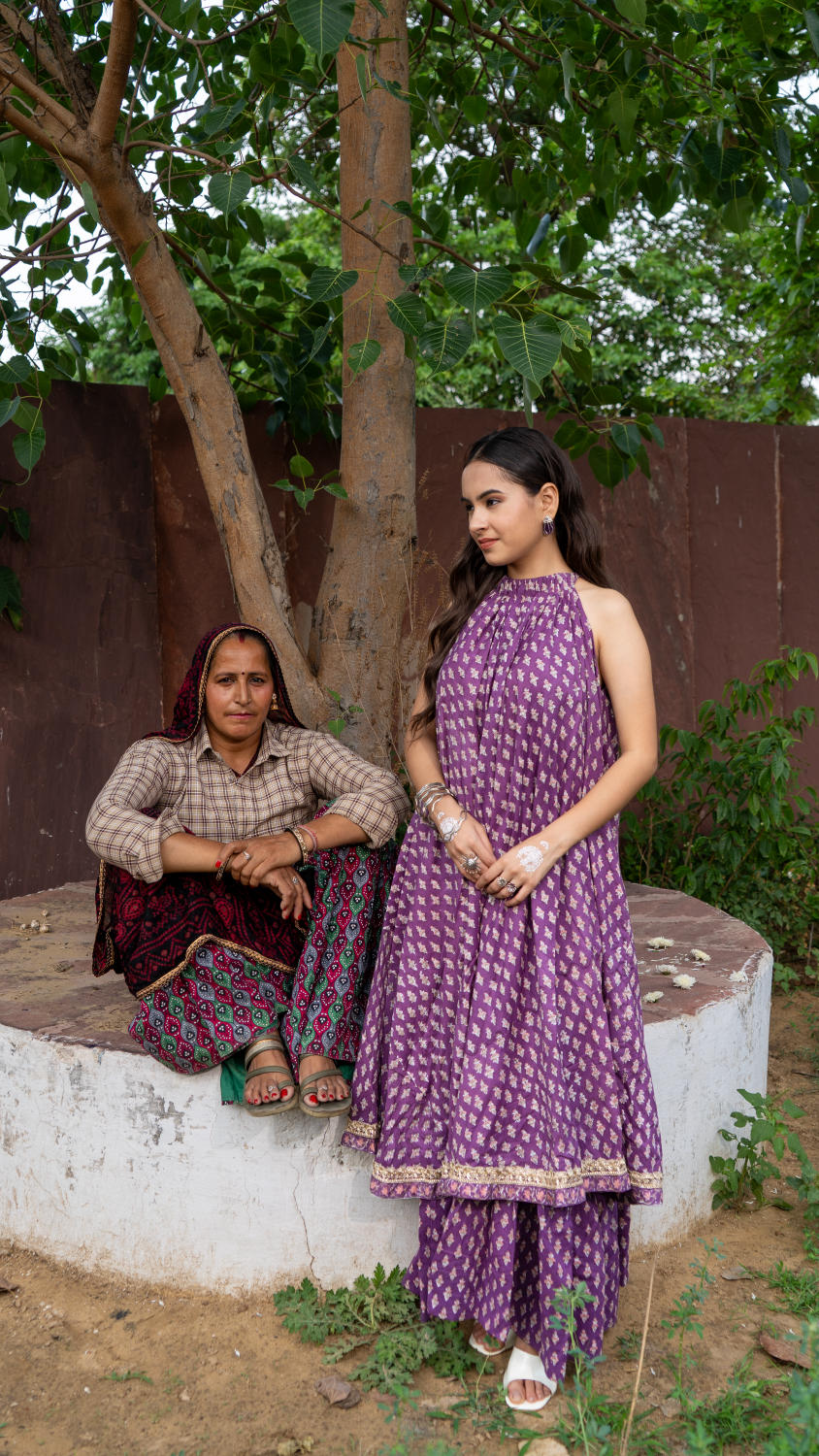 Saundh Purple and Peach Cotton block printed floral ghera dress