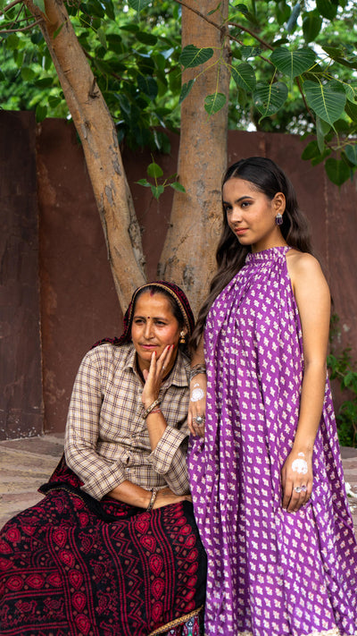 Saundh Purple and Peach Cotton block printed floral ghera dress