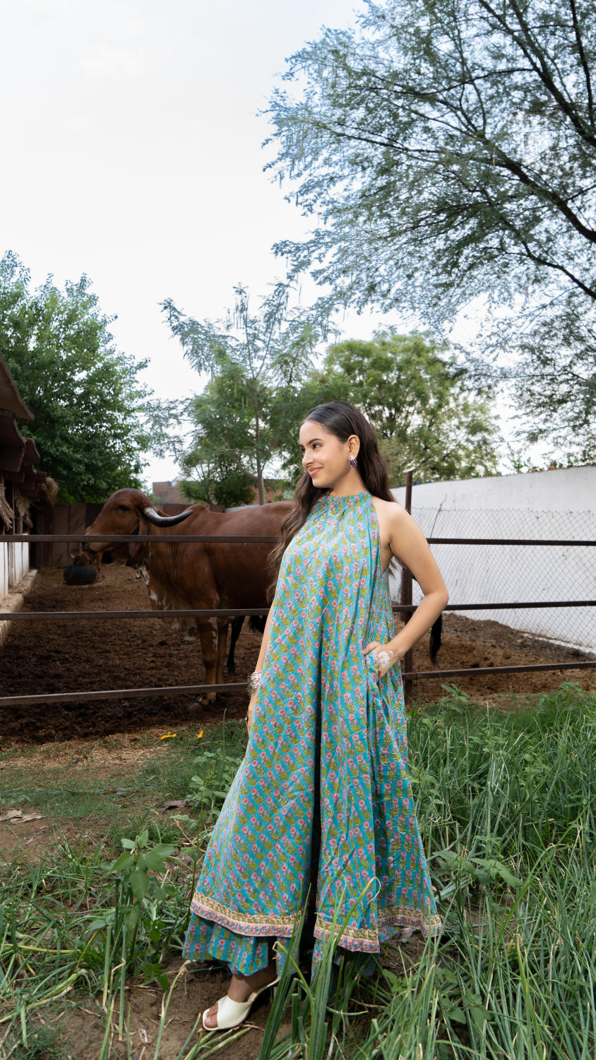 Saundh Sea Green and Pink Cotton hand block printed floral ghera dress