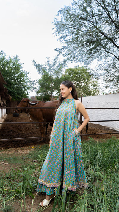 Saundh Sea Green and Pink Cotton hand block printed floral ghera dress