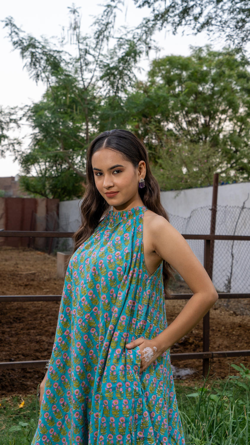 Saundh Sea Green and Pink Cotton hand block printed floral ghera dress