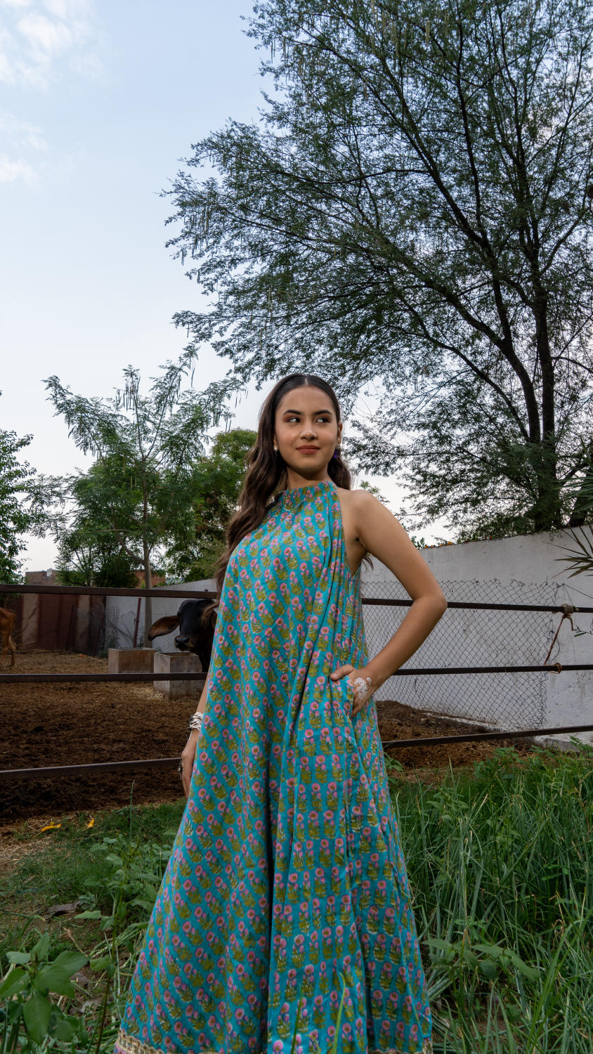 Saundh Sea Green and Pink Cotton hand block printed floral ghera dress