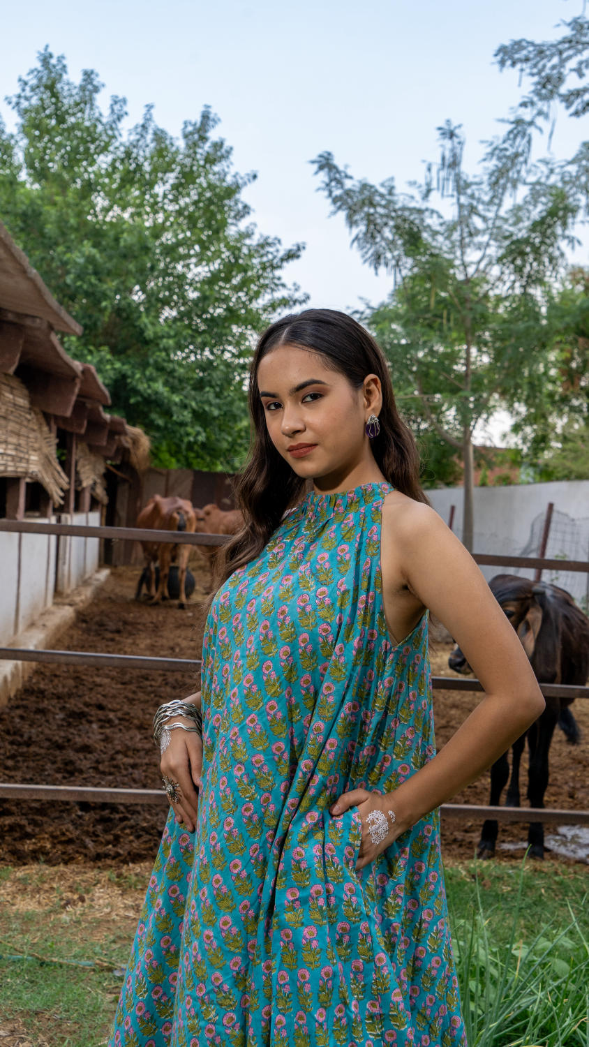 Saundh Sea Green and Pink Cotton hand block printed floral ghera dress