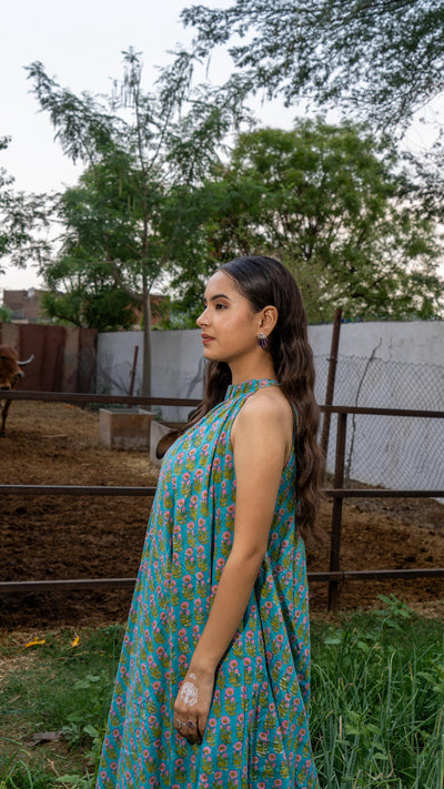 Saundh Sea Green and Pink Cotton hand block printed floral ghera dress