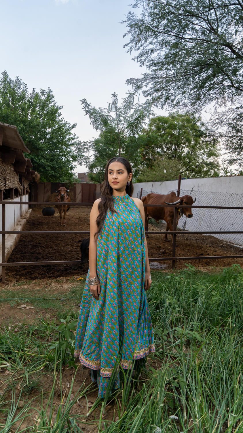 Saundh Sea Green and Pink Cotton hand block printed floral ghera dress